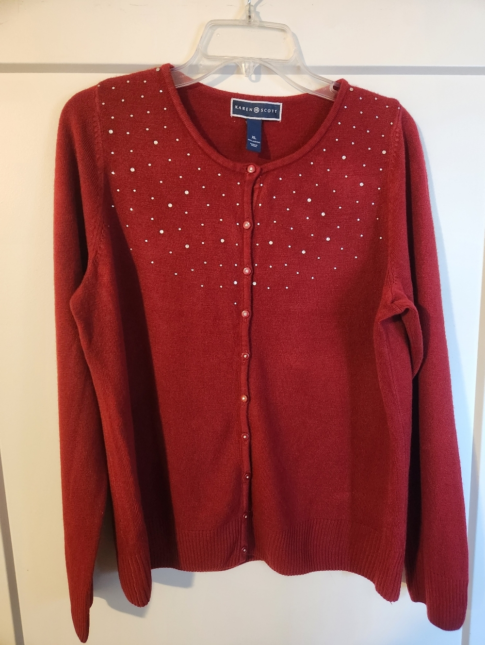 Karen Scott Jeweled Red Cardigan